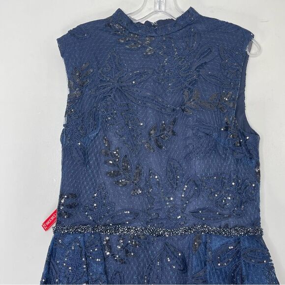 Mac Duggal 20098 Size 14 High Mock-Neck Beaded Column Gown with Overskirt, Navy - Picture 10 of 14